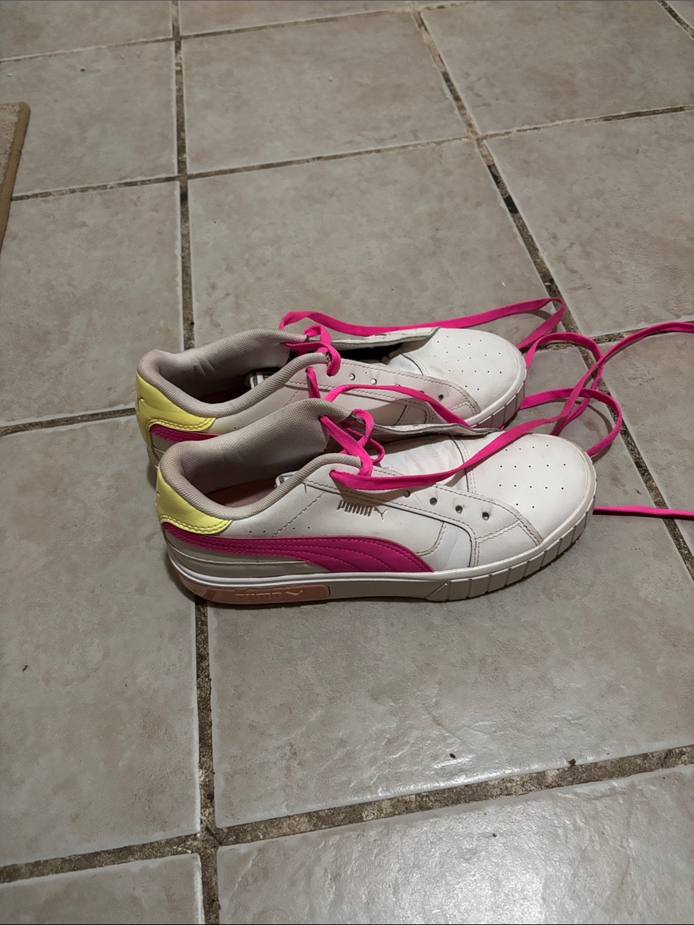 Puma Kids White Sneakers with Hot Pink & Yellow Accents